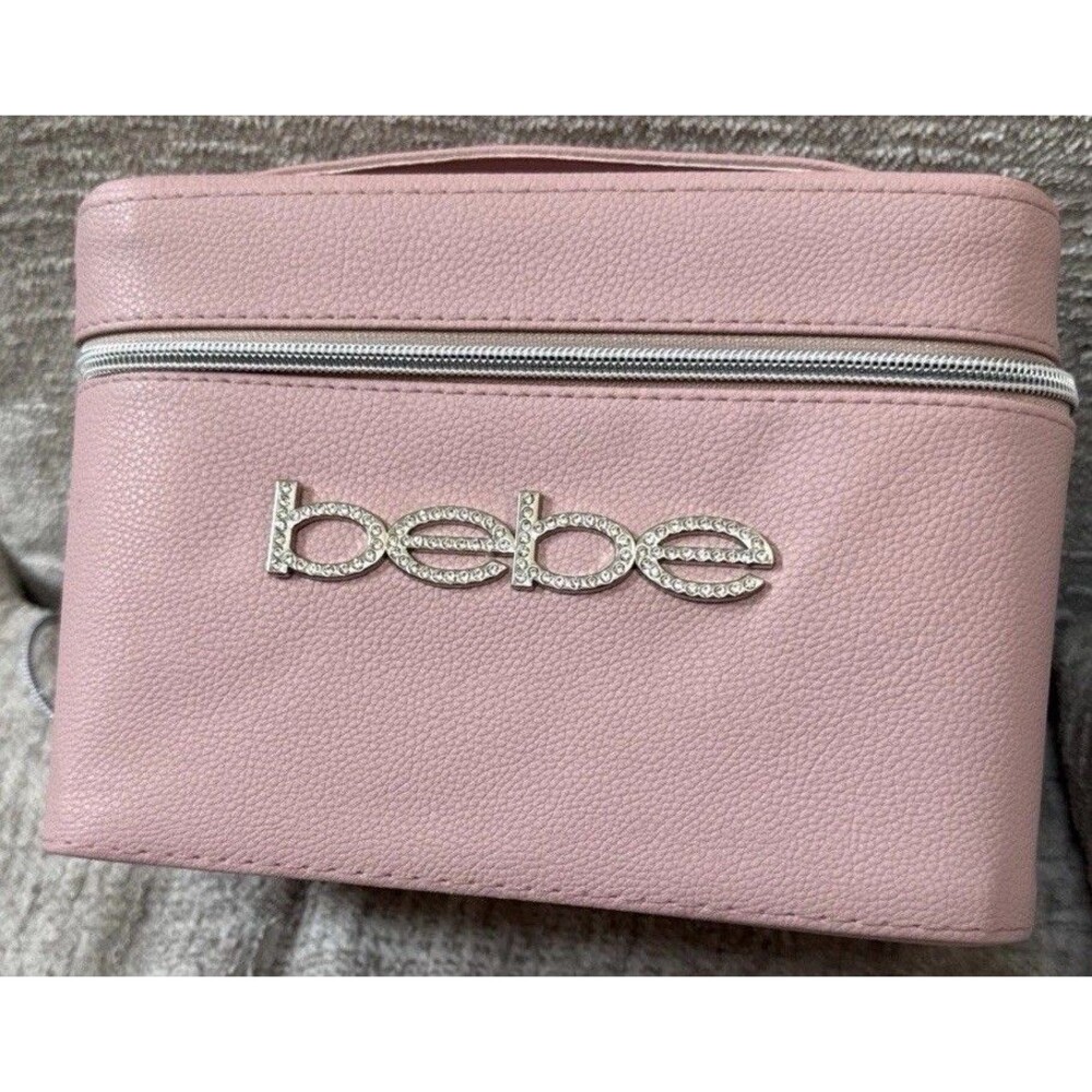 NWT Bebe Pink Cosmetic Case Pebble Textured Finish w/ Rhinestone Logo H6” L9”